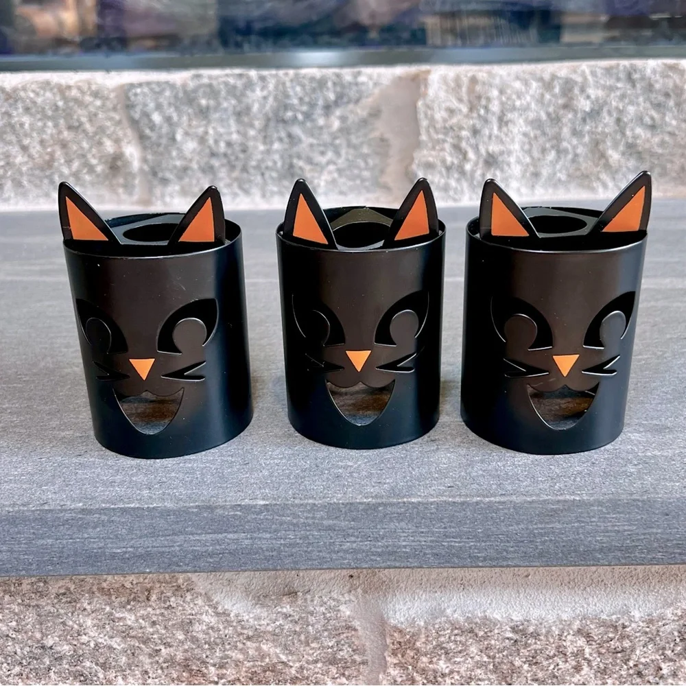 Black Cat Metal Teal Light Candle Holders Set of 3 Halloween Luminaries Decor